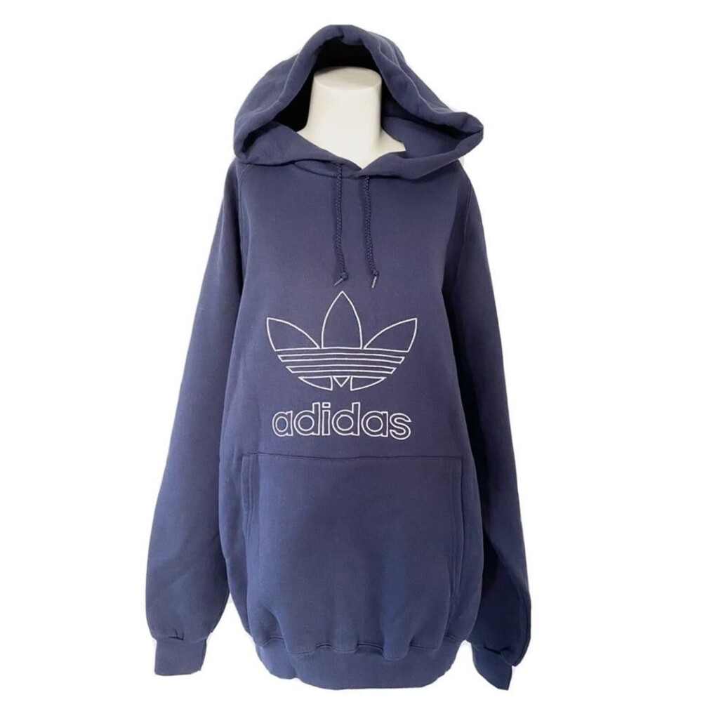 Vintage 90s adidas Hoodie Sweatshirt Oversize Embroidered Blue Trefoil Logo XL